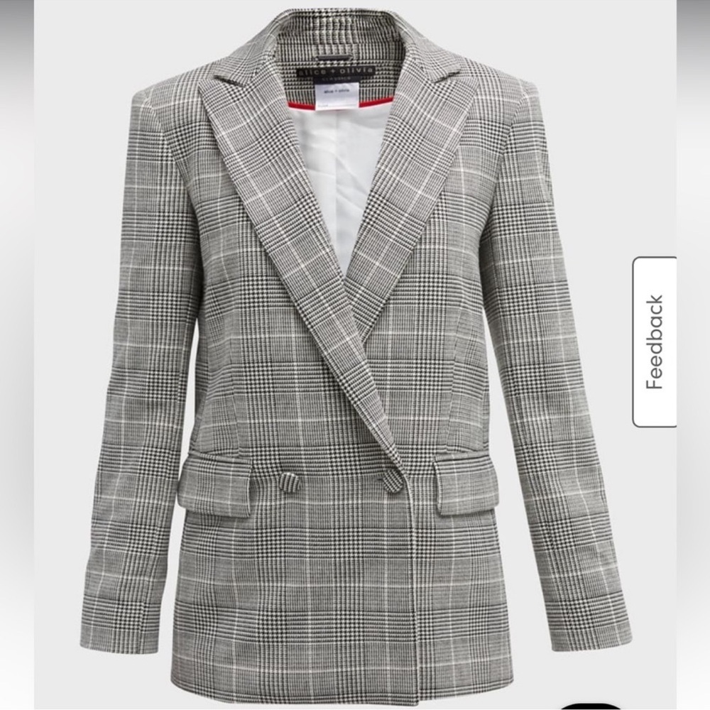 Alice + Olivia Arias Blazer Strong Shoulder Jacket Black White Glen Plaid - Picture 4 of 12